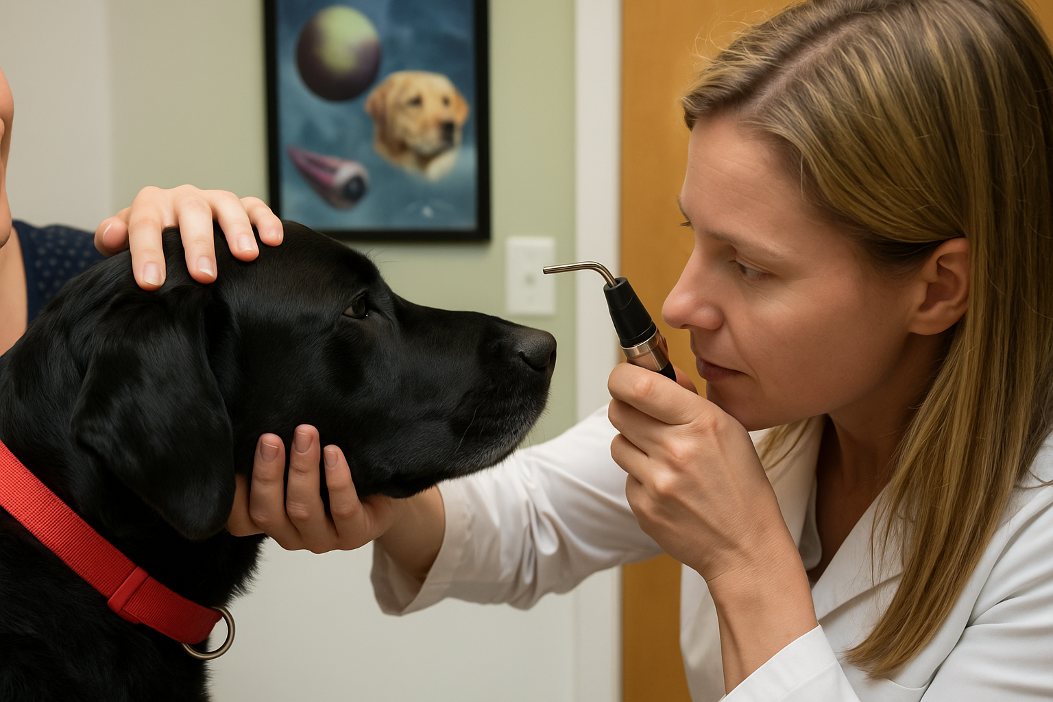 Veterinarian performing detailed eye examination on dog to assess neurological function