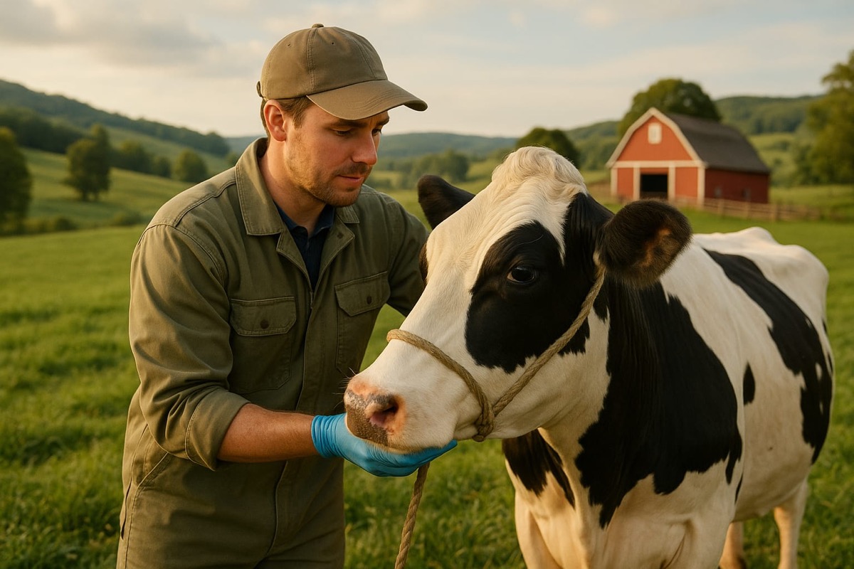 Veterinarian examining cattle on a farm