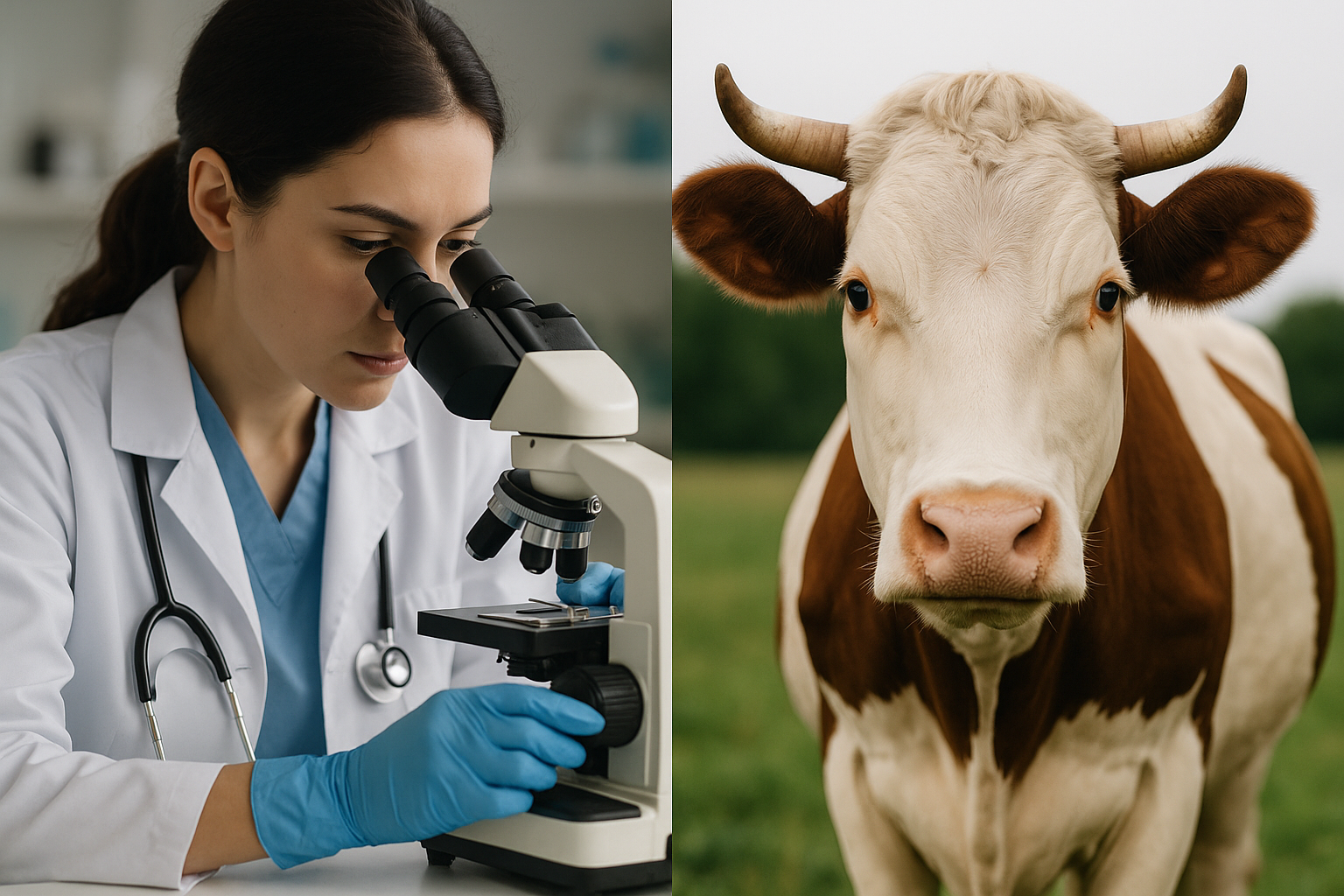 Veterinarian using microscope with cow in background representing advanced veterinary education and research